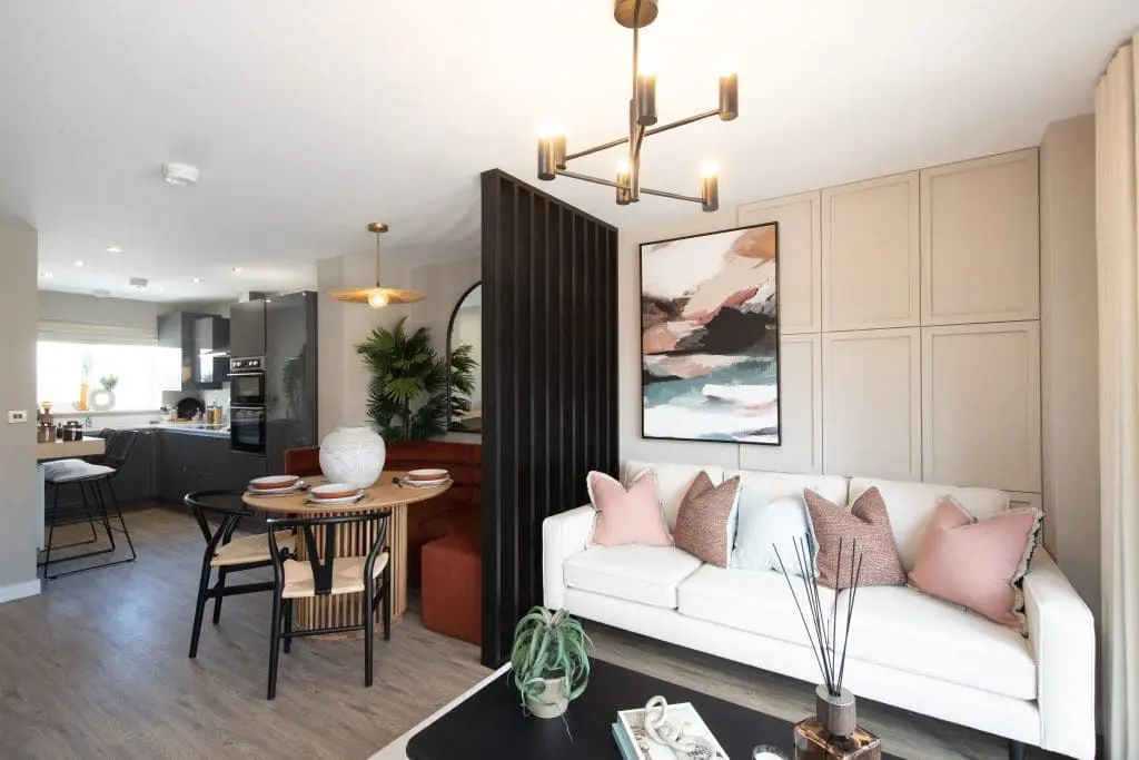 A look at the fully furnished living room interior of 'The Roberts' property at Brook View.